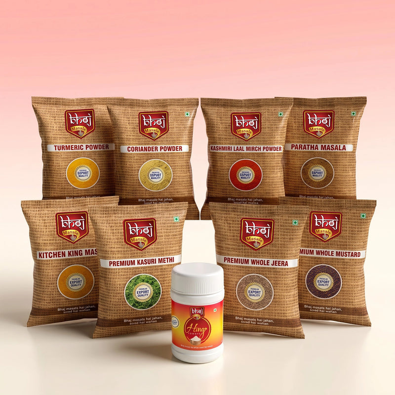 Bhoj Maha Bachat Combo Offer | Turmeric powder(100g), Coriander Powder(100g), Kashmiri Laal Mirchi Powder(100g), Kitchen King Masala(100g), Paratha Masala(100g), Whole Jeera(50g), Rai(50g), Kasuri Methi(20g), Hing Powder(50g) | 670g |
