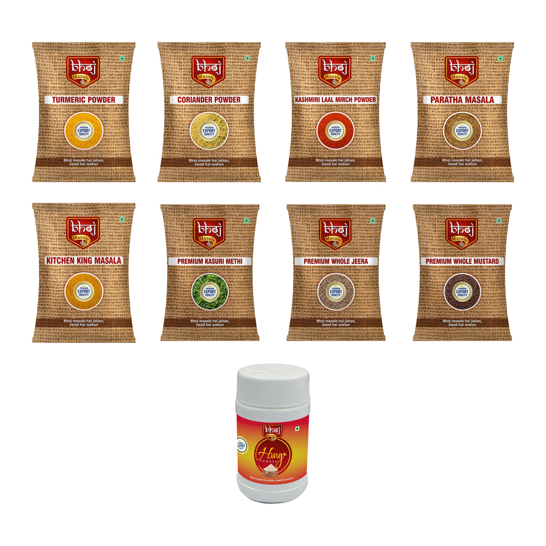 Bhoj Maha Bachat Combo Offer | Turmeric powder(100g), Coriander Powder(100g), Kashmiri Laal Mirchi Powder(100g), Kitchen King Masala(100g), Paratha Masala(100g), Whole Jeera(50g), Rai(50g), Kasuri Methi(20g), Hing Powder(50g) | 670g | Rs 649