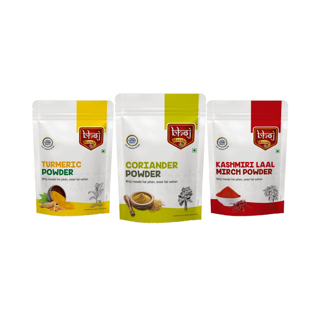 Turmeric, Coriander & Kashmiri Laal Mirch Powder Combo Pack 600gm - Bhoj Masale