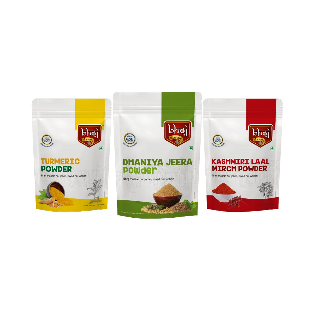 Turmeric,  Dhania Jeera & Kashmiri Laal Mirch Powder Combo 600gm (3 x 200g each) - Bhoj Masale