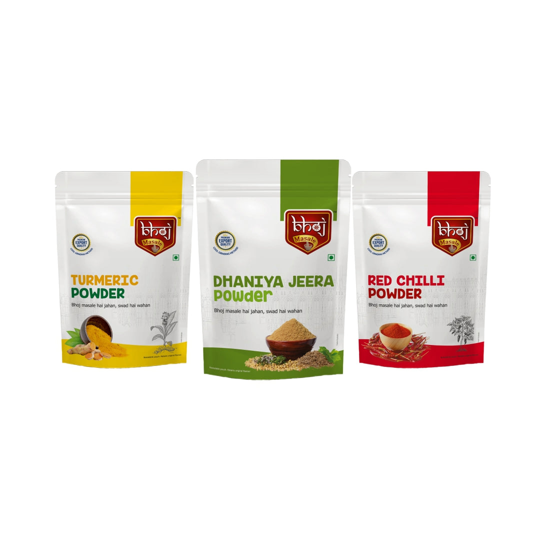 Turmeric , Dhania Jeera & Red Chili Powder Combo 600gm (3x 200g each) - Bhoj Masale