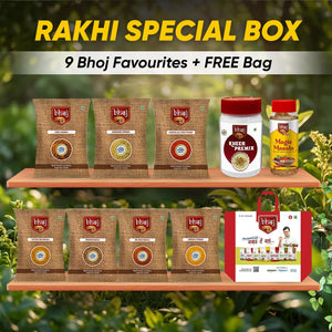 Bhoj Rakhi Special Box | 9 Bhoj Favourites + FREE Red Shopping Bag - Bhoj Masale