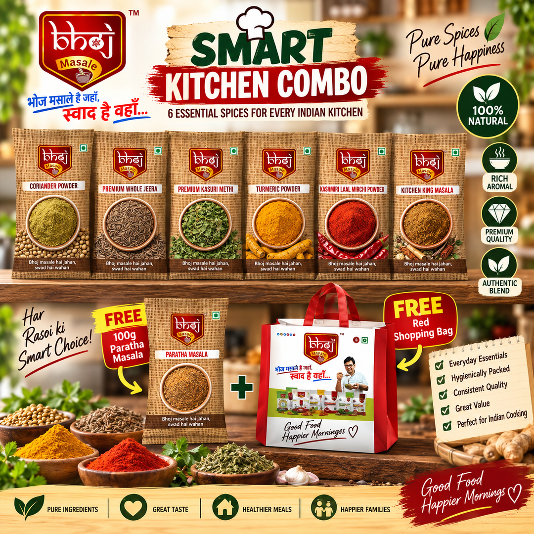 Bhoj Smart Kitchen Bachat Combo | 7 Essential Kitchen Favourites + FREE Gifts @ ₹499 - Bhoj Masale