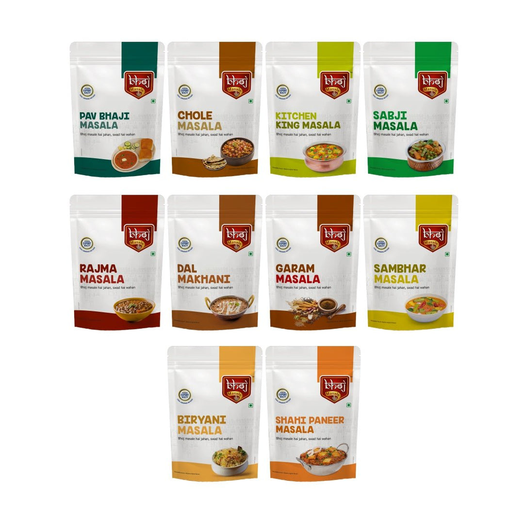 Blended Range Masale Combo - Pav Bhaji, Chole, Biryani, Kitchen King, Sabji Masala, Garam Masala, Dal Makhni, Rajma, Sambhar and Shahi Paneer (No Onion No Garlic - Jain Masale) Total 2kg (10 x 200 grams) - Bhoj Masale