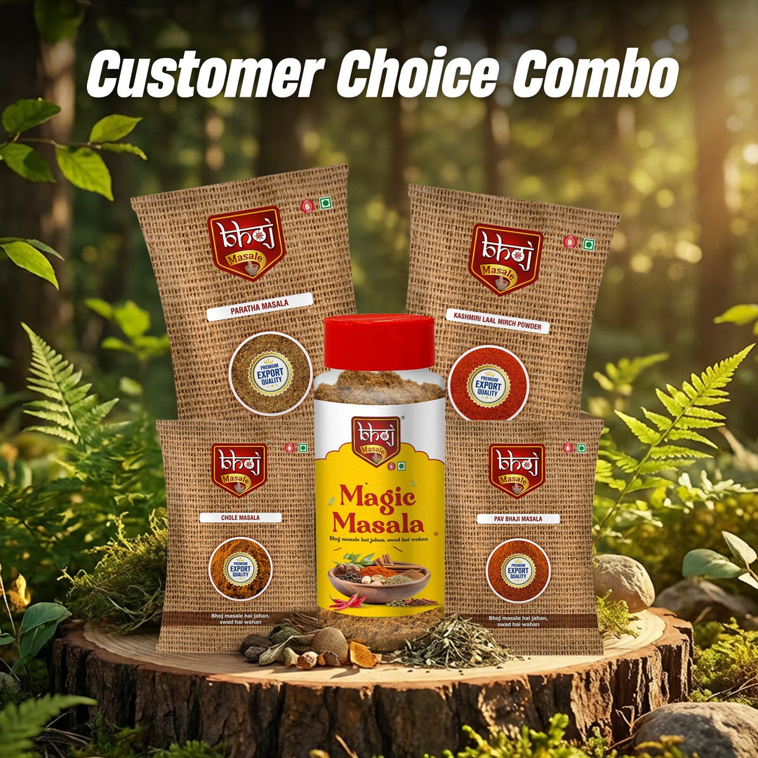 Customer Choice Combo | Paratha Masala (100g), Pav Bhaji Masala (100g), Chole Masala (100g), Kashmiri Laal Mirchi Powder (100g), Magic Masala (70g)| 470g | Rs 599 - Offer - Bhoj Masale