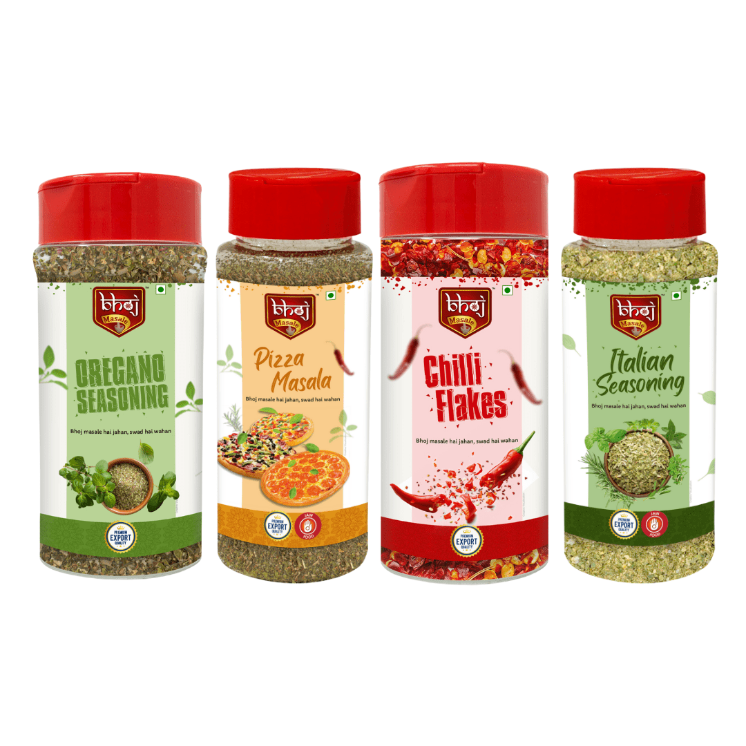 Oregano Seasoning (40gm), Pizza Masala (50gm) , Chilli Flakes (40gm) & Italian Seasoning (50gm) Combo Pack Total 180 gram - Bhoj Masale