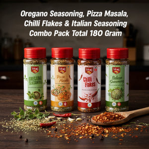 Oregano Seasoning (40gm), Pizza Masala (50gm) , Chilli Flakes (40gm) & Italian Seasoning (50gm) Combo Pack Total 180 gram (Jain) - Bhoj Masale