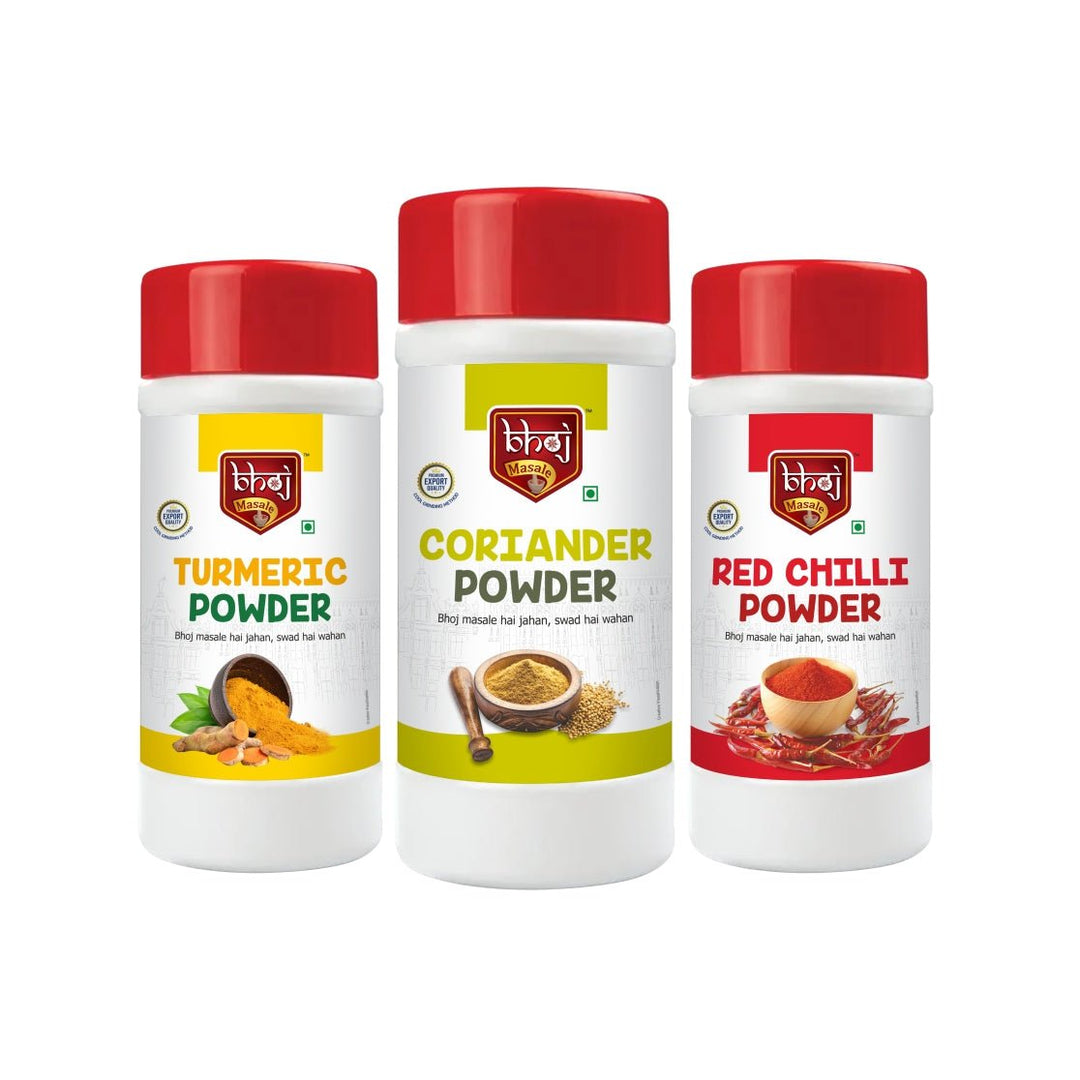 Turmeric (Haldi) Powder, Coriander (Dhaniya) Powder & Red Chilli (Laal Mirchi) Powder - CTC Combo Pack 1500g ( 3 x 450g net each) - Bhoj Masale